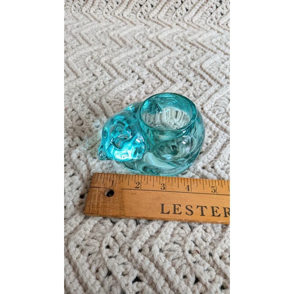 Vintage Indiana Glass Green-Blue Sleeping Cat Votive Candle Holder Figurine